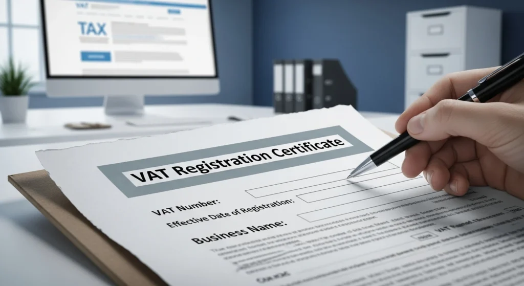 Infográfico sobre quando registrar VAT Reino Unido, mostrando limiares de faturamento e benefícios do registro para empresas. Guia completo.