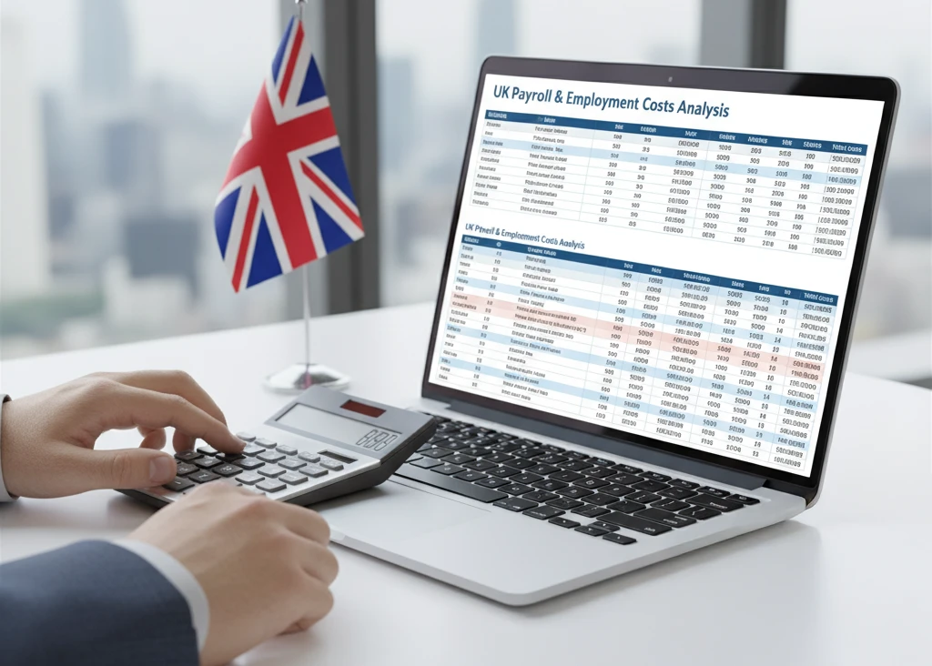 Um gráfico ou infográfico ilustrando os custos de contratação no Reino Unido, com seções para salário, NI, pensão e benefícios, para empresas do UK.