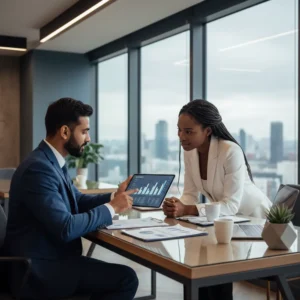 Duas pessoas em uma mesa, uma apontando para um gráfico em um tablet e outra olhando atenta. Representa o Melhor Escritório de Contabilidade.