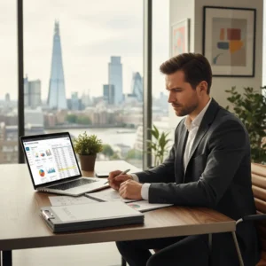 Gráfico mostrando o crescimento financeiro e documentos relacionados a Impostos para empresas em Londres.