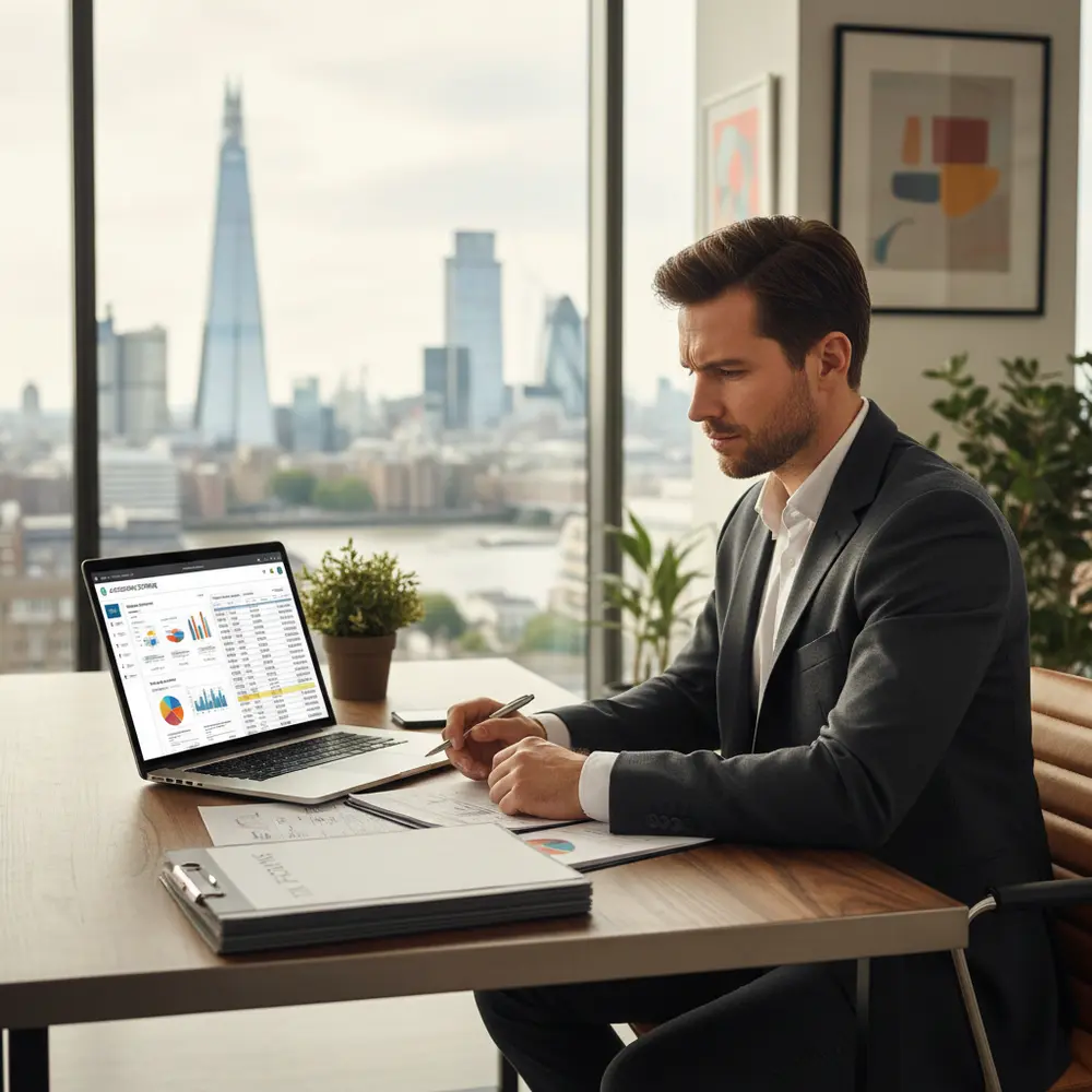 Gráfico mostrando o crescimento financeiro e documentos relacionados a Impostos para empresas em Londres.