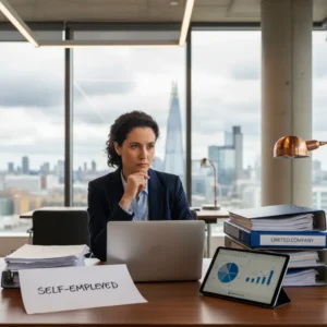 Infográfico comparando Self-Employed vs. Limited Company no Reino Unido, ajudando a escolher a melhor estrutura legal para empresas.