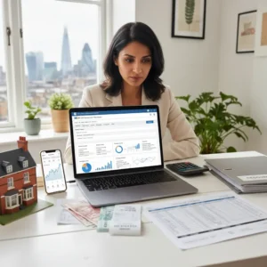 Pessoa organizando documentos e finanças. Essencial para contabilidade para autônomos e declaração de renda no UK.