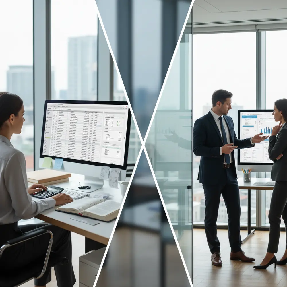 Ilustração comparando funções de Contador x Bookkeeper para empresas no Reino Unido, mostrando clareza na gestão financeira.