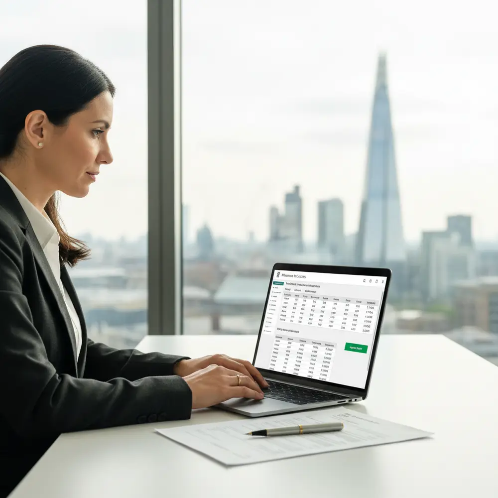 Documentos de Payroll com gráficos e calculadoras, simbolizando a complexidade da gestão de folha de pagamento.