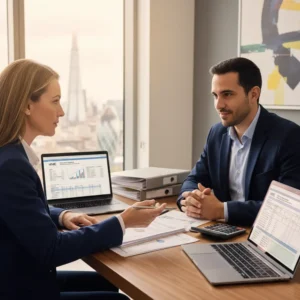 Pessoa sendo orientada por um consultor sobre o imposto de renda UK em um computador.