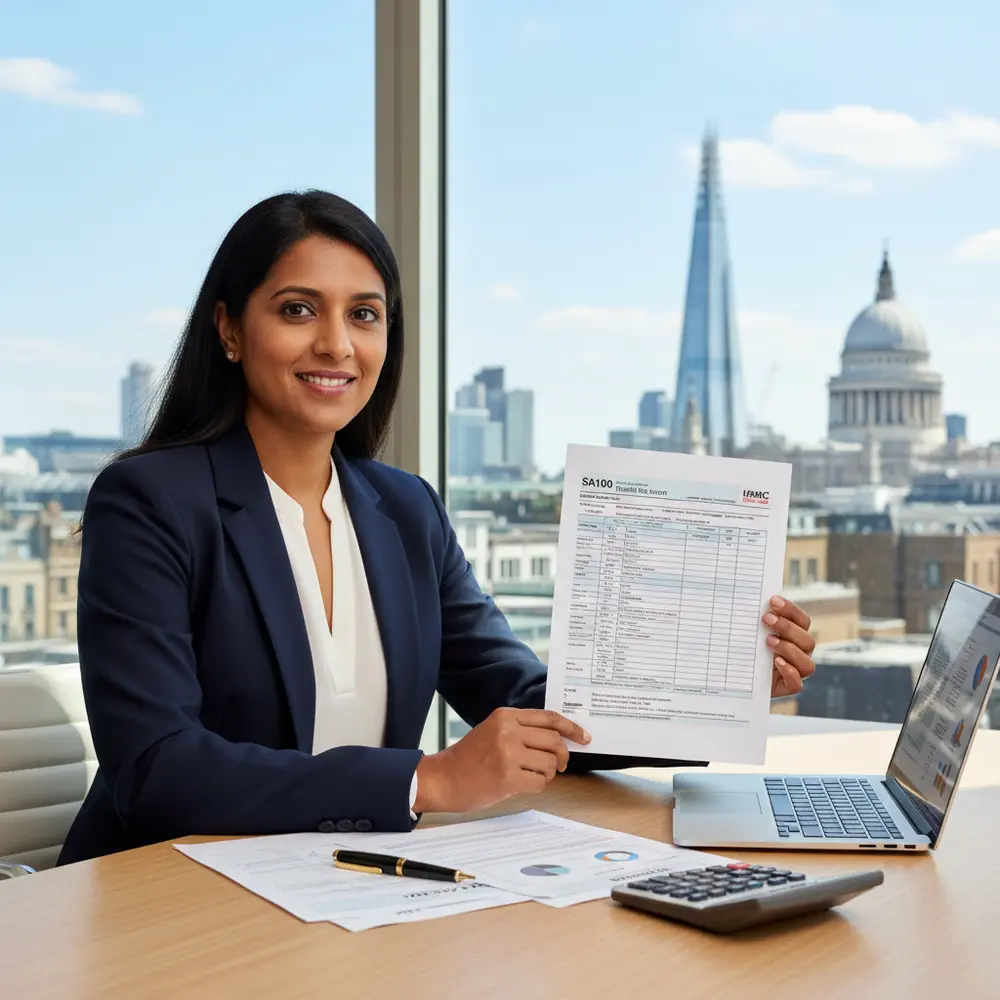 Documentos fiscais e calculadora simbolizando o processo de imposto de renda UK para brasileiros.