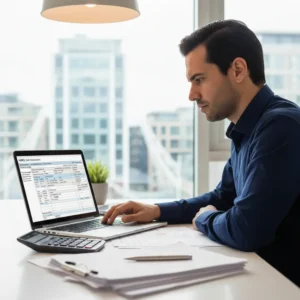 Pessoa analisando documentos fiscais com a bandeira do Reino Unido, representando o imposto de renda UK.