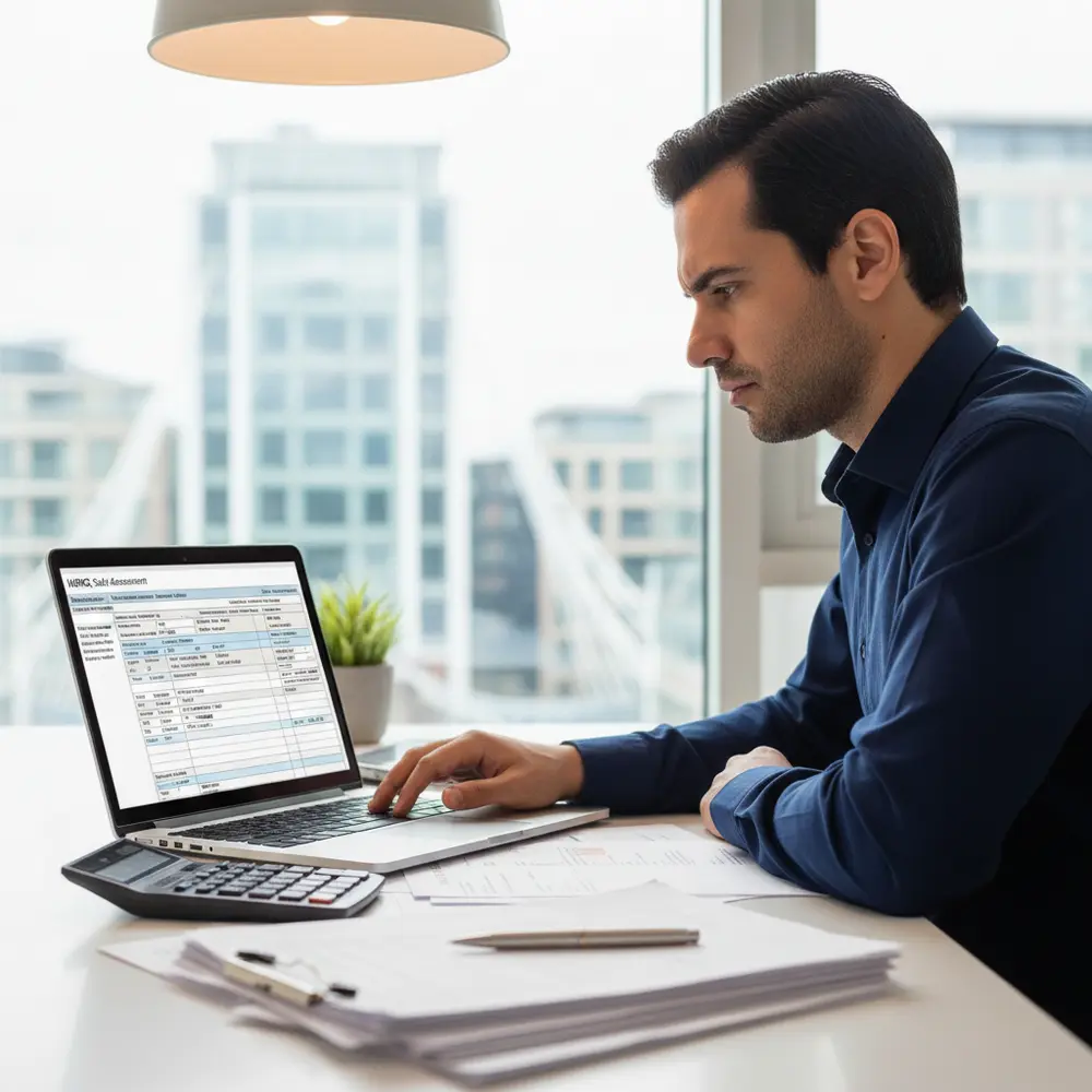 Pessoa analisando documentos fiscais com a bandeira do Reino Unido, representando o imposto de renda UK.