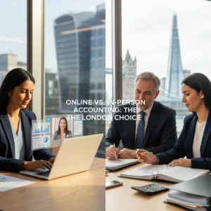 Profissionais analisando documentos, representando um contador brasileiro em Londres oferecendo consultoria online ou presencial.