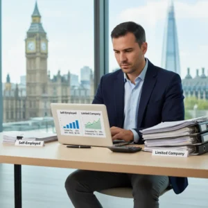 Representação visual da escolha entre Autônomo e Limited Company no UK, crucial para o imposto de renda UK de brasileiros.
