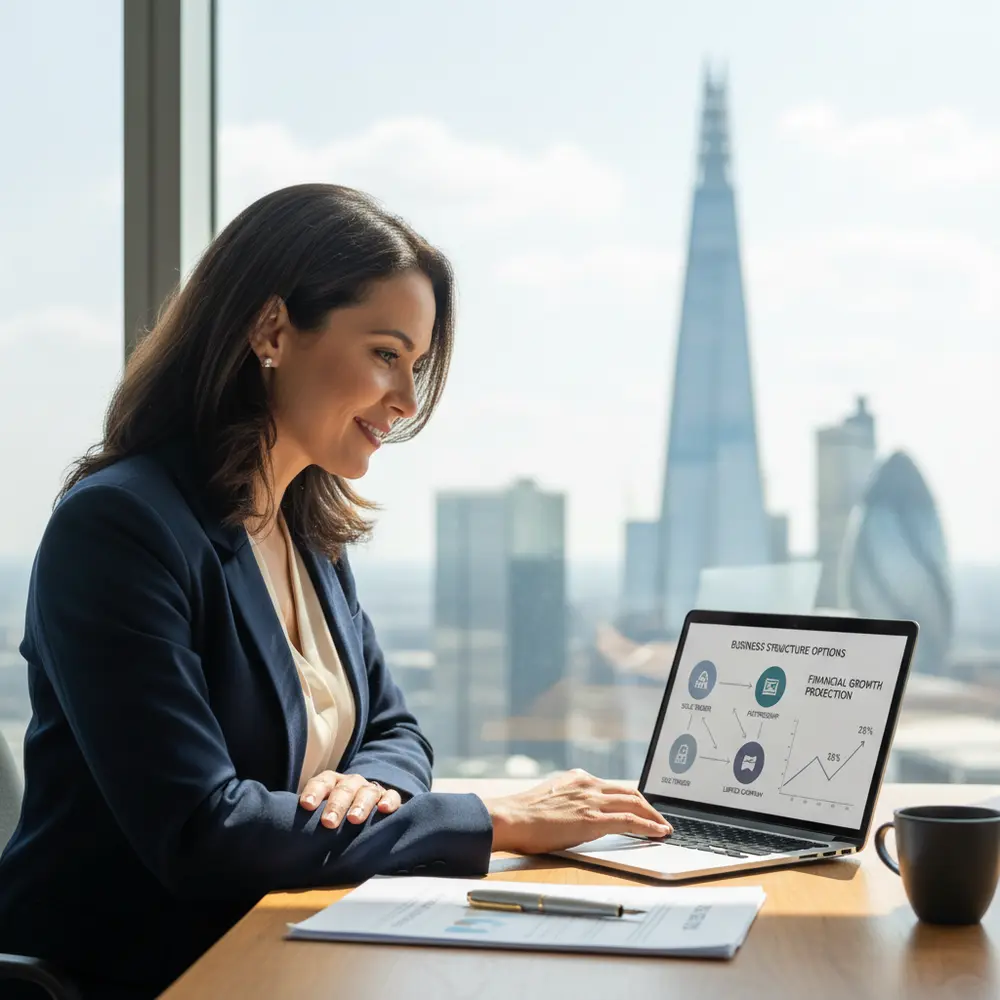 Infográfico sobre estruturação de negócios UK para brasileiros, comparando Self-Employed e Limited Company, com foco fiscal.