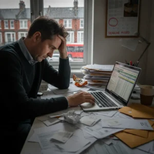 Autônomo brasileiro no UK estressado com papéis e laptop, lidando com contabilidade para autônomos e impostos.