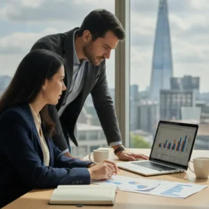 Empresário brasileiro em Londres revisando documentos financeiros com um contador brasileiro, simbolizando crescimento e sucesso.