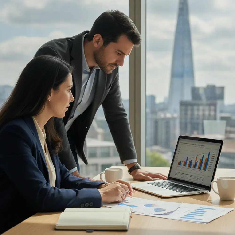 Empresário brasileiro em Londres revisando documentos financeiros com um contador brasileiro, simbolizando crescimento e sucesso.