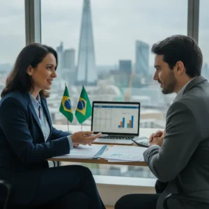 Profissional contador brasileiro em Londres auxiliando com documentos fiscais UK e Brasil.