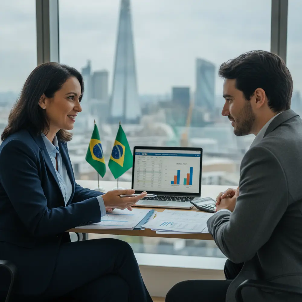 Profissional contador brasileiro em Londres auxiliando com documentos fiscais UK e Brasil.