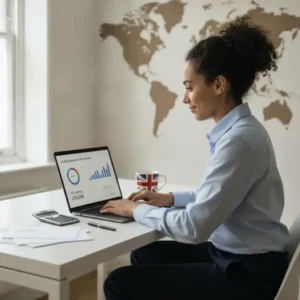 Freelancer brasileiro calculando imposto de renda no Reino Unido com documentos e laptop.