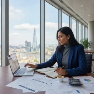 Gráficos e planilhas detalhando a Análise de viabilidade financeira para novo negócio em Londres e projeções de sucesso.