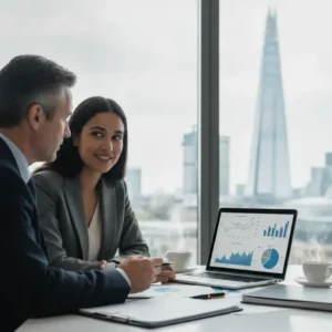 Um contador revisa documentos financeiros e projeta o futuro de um novo negócio em Londres, garantindo viabilidade.