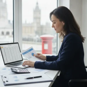 Mãos de um empresário brasileiro organizando documentos e faturas para o tax return de sua Limited Company no UK.