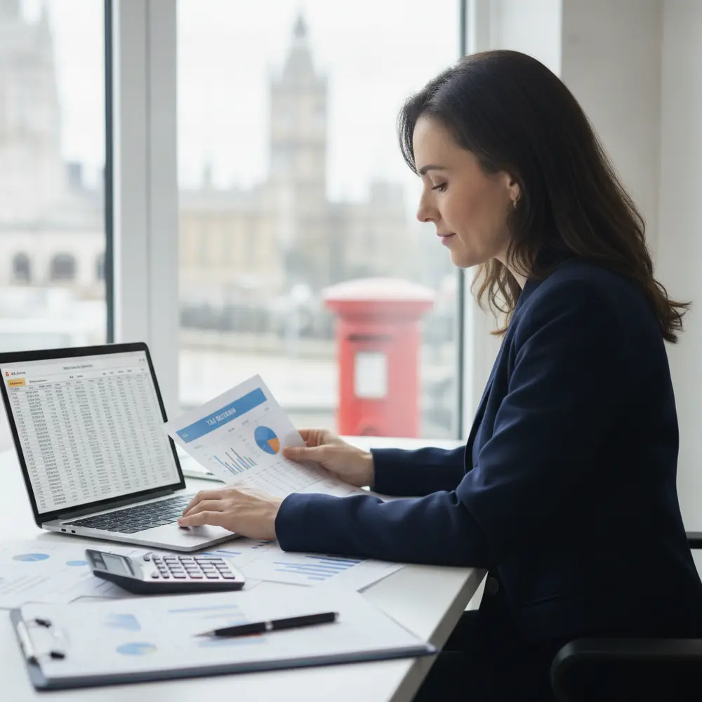 Mãos de um empresário brasileiro organizando documentos e faturas para o tax return de sua Limited Company no UK.